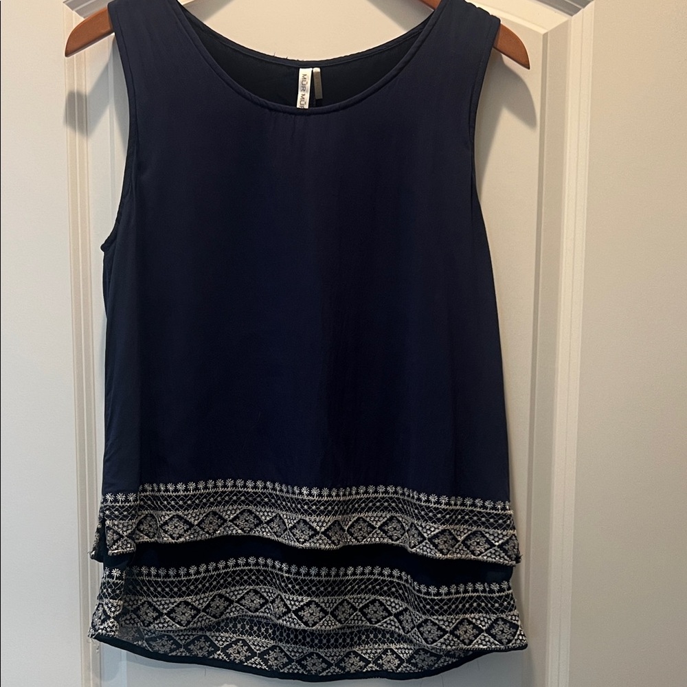 Chic Navy Sleeveless Top with Embroidered Detail